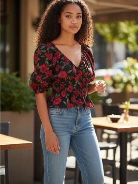 OLD NAVY Black Floral Peasant  boho Blouse with Red Roses size large